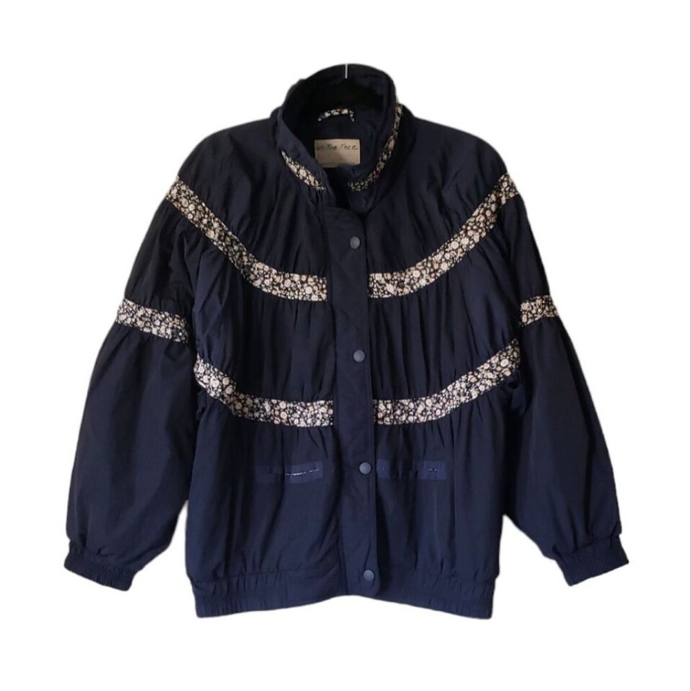 Free People Women's On My Mind Floral Full-Zip Bomber Retro Jacket Navy Sz Small - Picture 6 of 12
